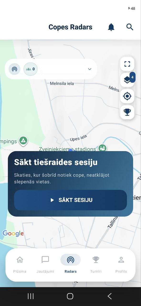 CastShare Radar app screen showing a fishing map and start session action